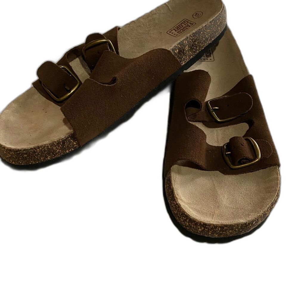 New Faded Glory Tan Leather Upper Slip On Sandals Women’s 10.5